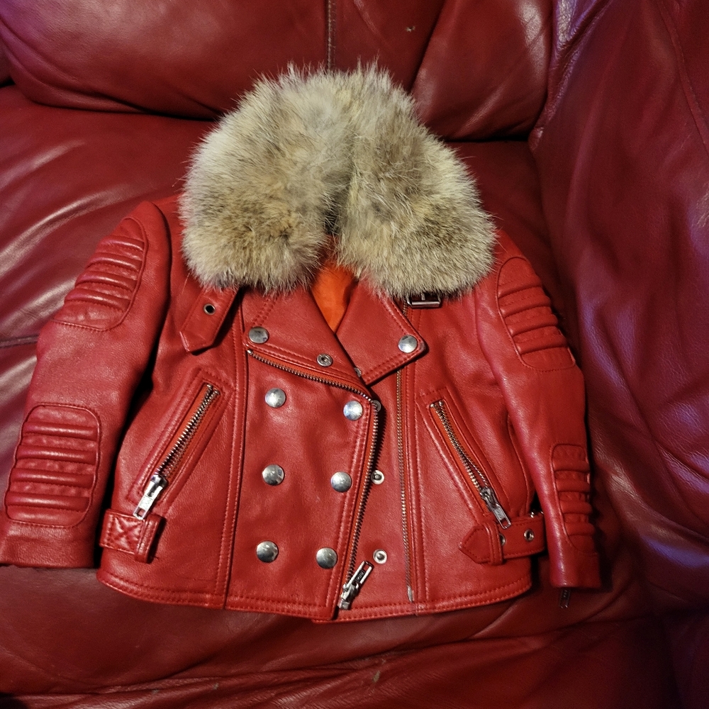 Toddler leather coat with real  fox fur